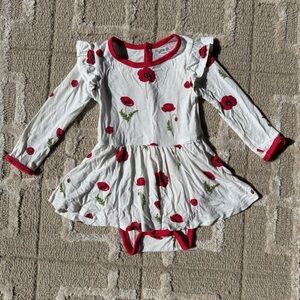 Kyte BABY Red Floral Long Sleeve Twirl Bodysuit Dress - Size 6-12 months